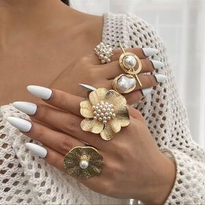 Anthropologie Flower Gold Pearl Adjustable Ring